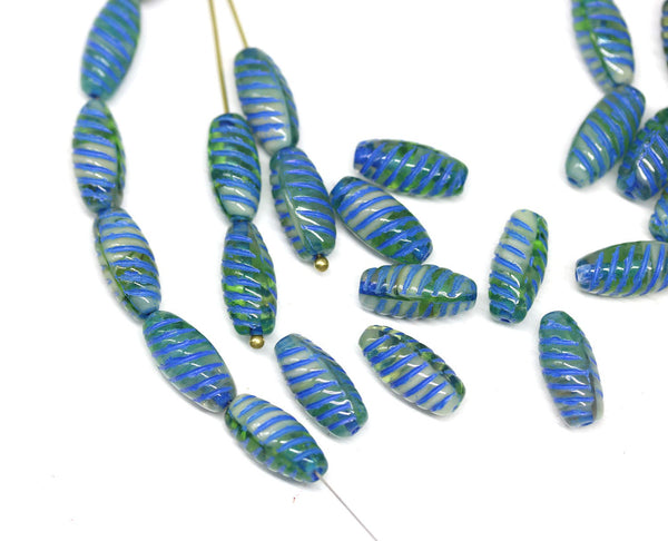 14x7mm Blue green long barrel czech glass beads, mixed color 25Pc