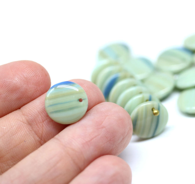 12mm Sage green and blue lentil czech glass round beads - 20Pc