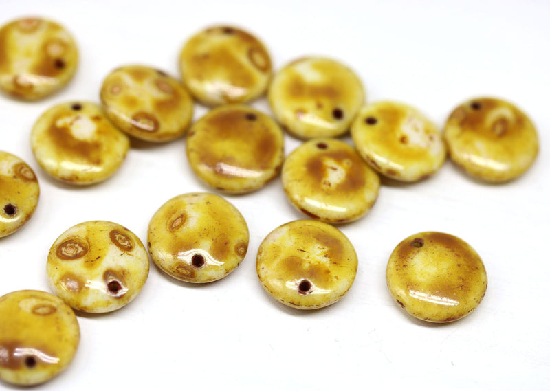 12mm Picasso finish beige brown lentil czech glass beads - 15Pc