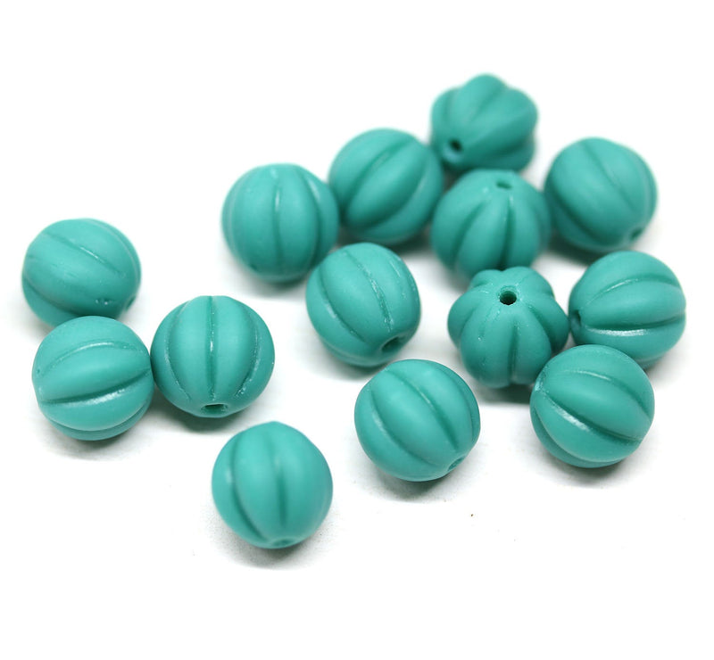8mm Turquoise green Czech glass round beads, Melon shape - 15pc