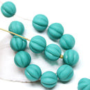 8mm Turquoise green Czech glass round beads, Melon shape - 15pc