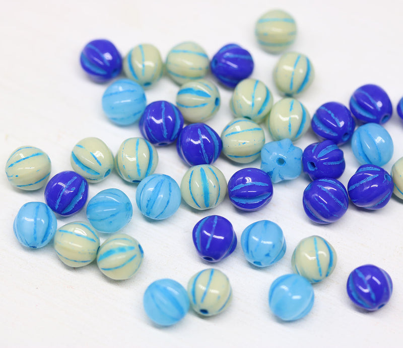 6mm Blue beads mix, Czech glass melon shape round beads - 40pc