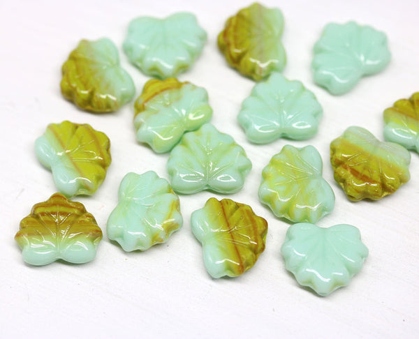 11x13mm Mint green Maple leaf beads, Mixed color Czech glass pressed leaves, 15pc