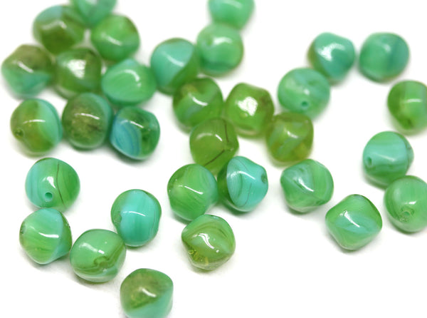8mm round green blue Czech glass beads, orhanic shape, 25Pc