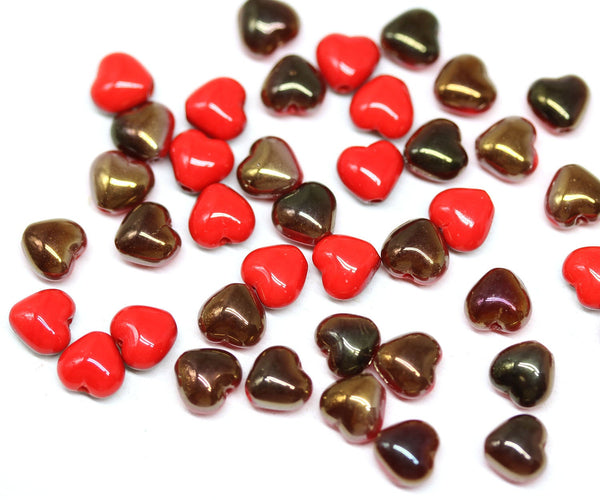 6mm Red heart Czech glass beads, Copper luster - 40Pc