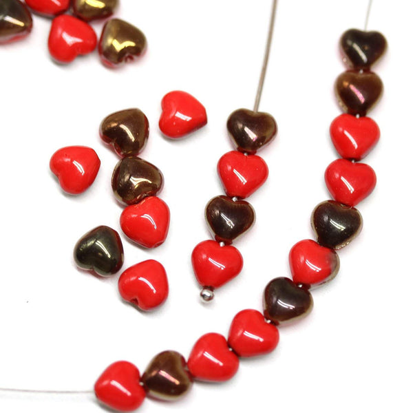 6mm Red heart Czech glass beads, Copper luster - 40Pc