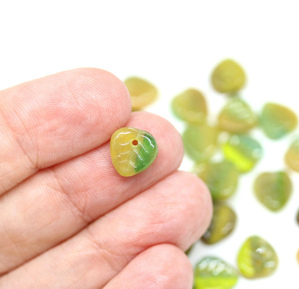 9mm Olive Green leaf beads, Mixed color Czech glass small leaves petals - 50pc