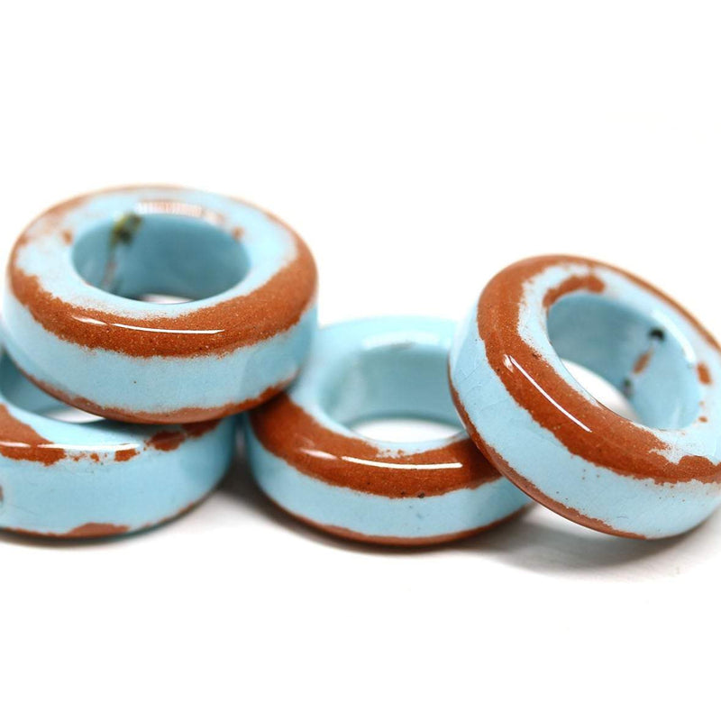 22mm Blue brown ceramic ring donut beads, 4pc