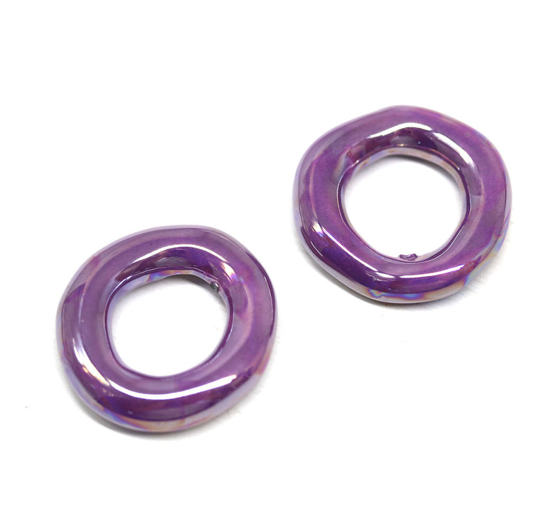 25mm Metallic purple ceramic ring donut beads, 2pc