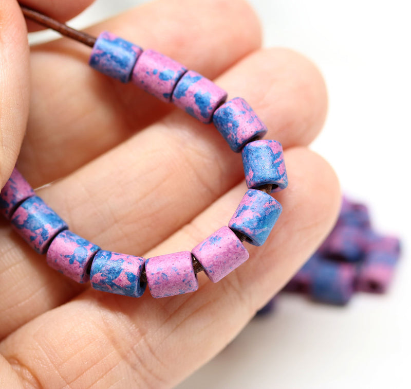 6mm Purple Blue ceramic tube beads, 2mm hole, 40pc