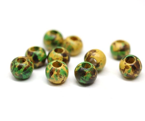 9mm ceramic organic round beads, Brown yellow green 3mm hole, 10pc