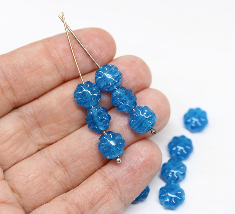 9mm Dark Blue flower czech glass flat daisy beads, Blue floral - 30Pc