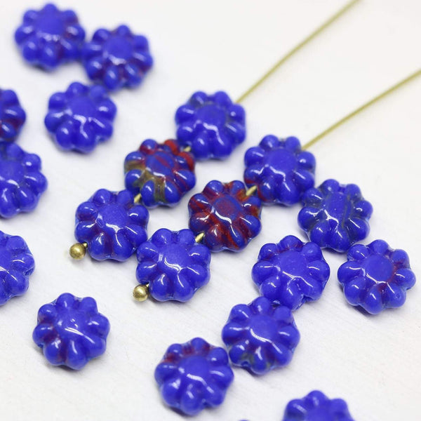 9mm Dark Cobalt blue flower czech glass flat daisy beads - 30Pc