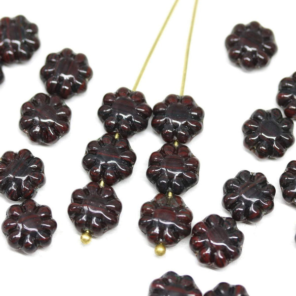 9mm Dark brown red flower czech glass flat daisy beads - 30Pc