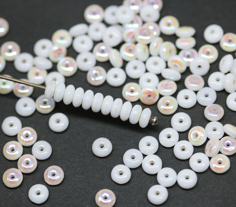 4mm White czech glass rondelle spacer beads - approx. 130pc