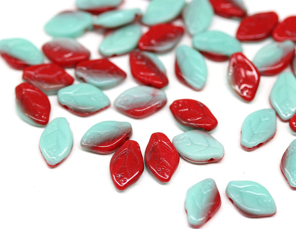 12x7mm Turquoise green red leaf beads, Czech glass - 40pc