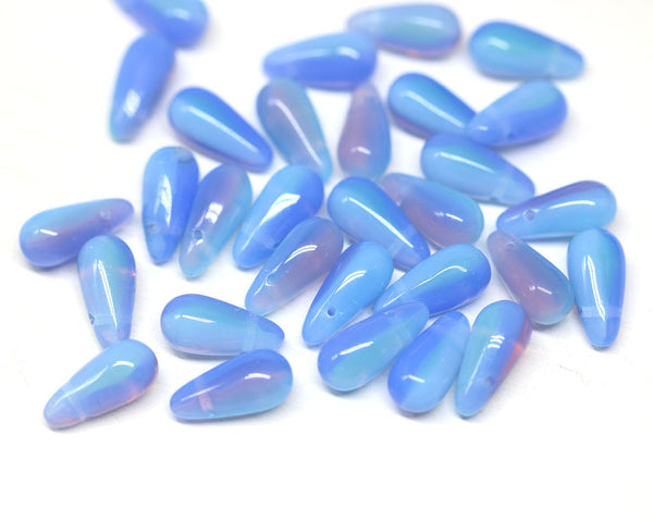 6x13mm Opal blue pink long teardrop czech glass beads, 15pc