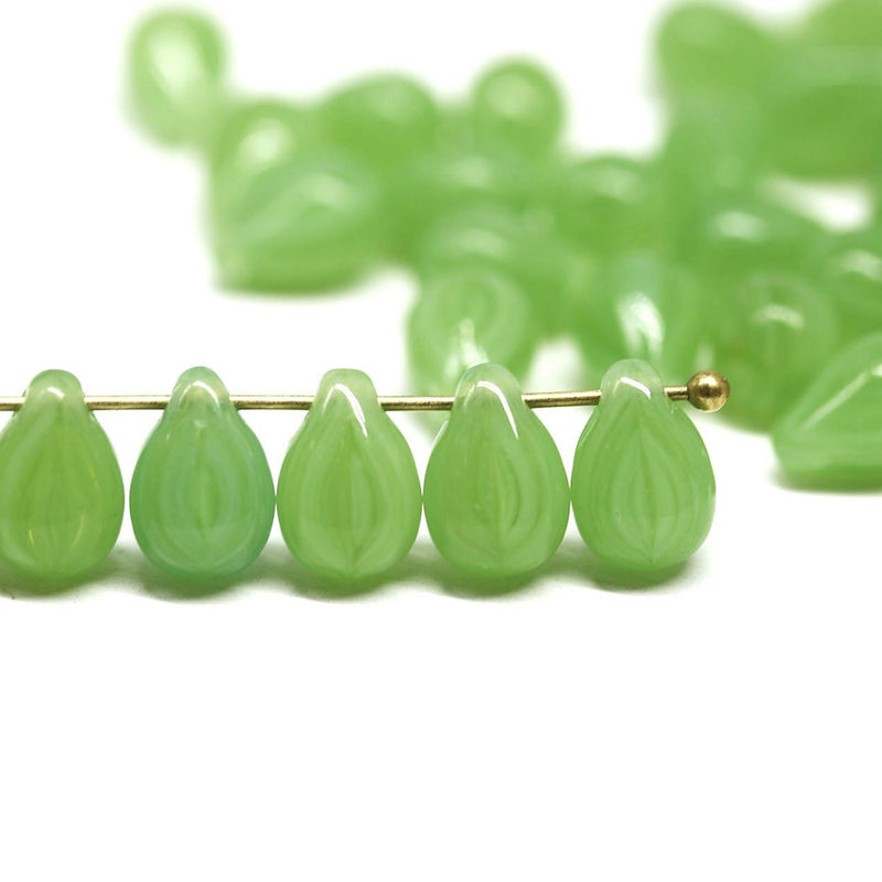 40pc Striped green czech glass teardrop beads - 6x9mm