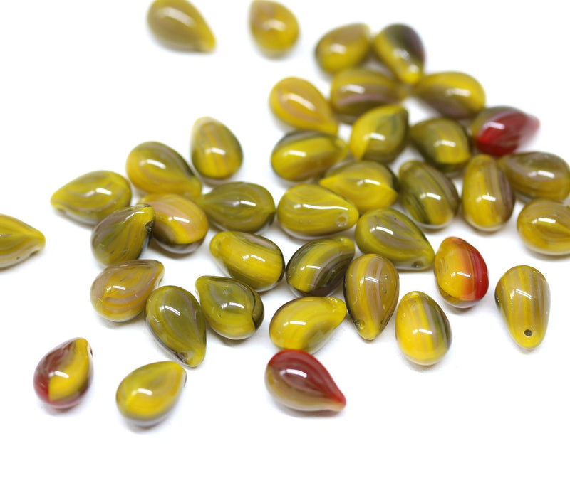 40pc Yellow red czech glass teardrop beads, Mixed color - 6x9mm
