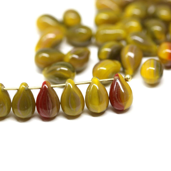 40pc Yellow red czech glass teardrop beads, Mixed color - 6x9mm