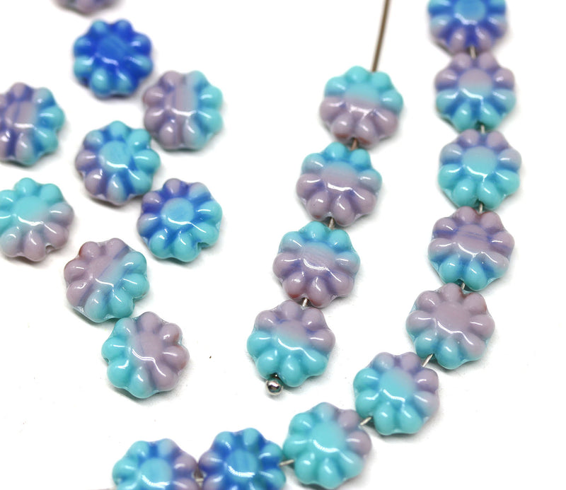 9mm Blue pink Flower beads, czech glass flat daisy floral beads, 30Pc