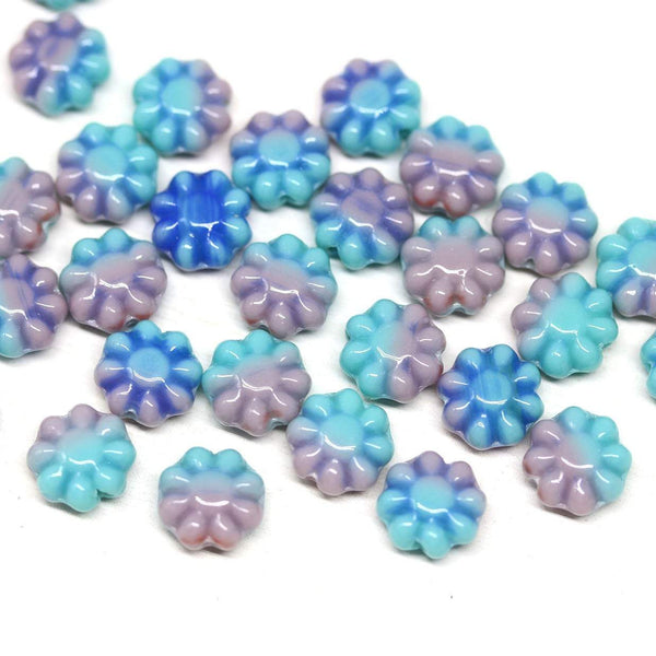 9mm Blue pink Flower beads, czech glass flat daisy floral beads, 30Pc