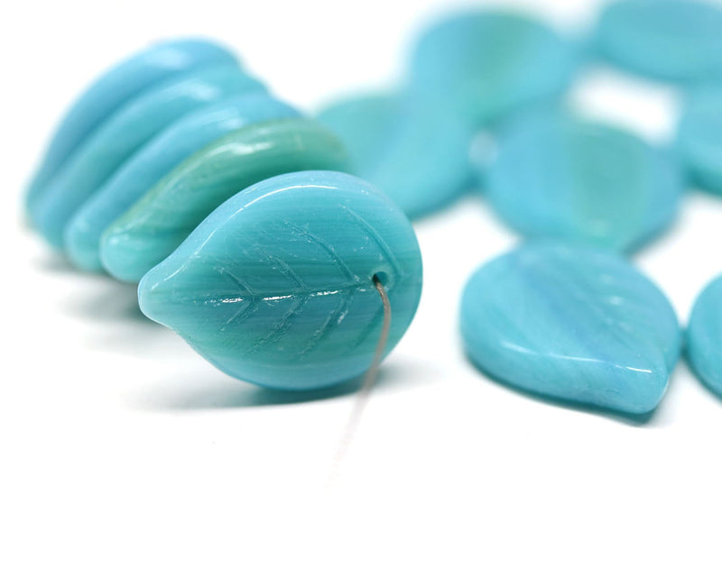 18x13mm Blue green large glass leaves, Czech glass beads, 15Pc
