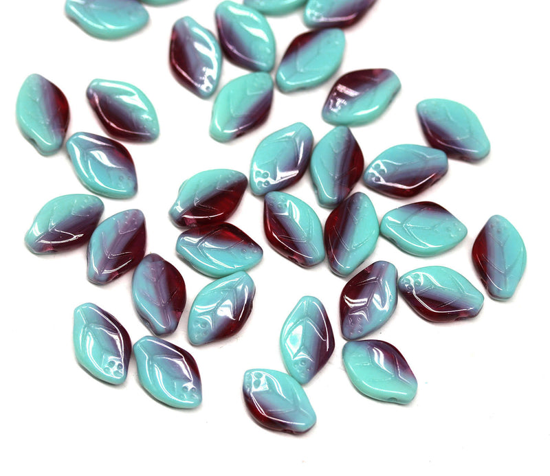 12x7mm Turquoise green leaf beads, Czech glass leaves - 50pc