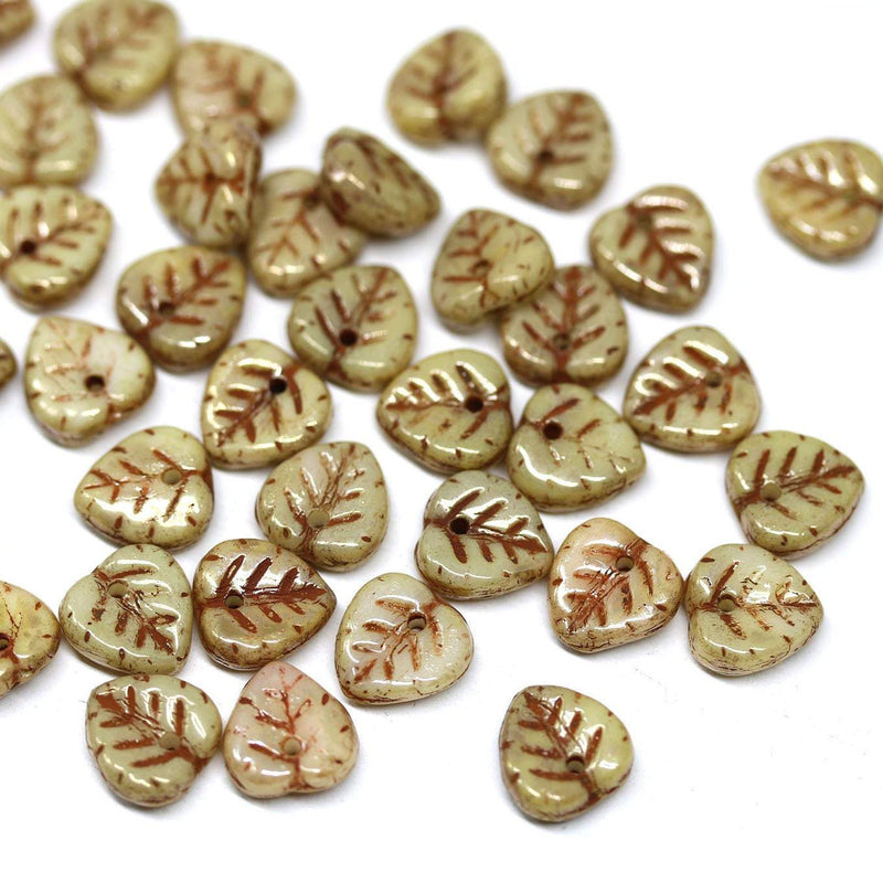 9mm Picasso beige leaf glass beads, Heart shaped triangle leaf - 40pc