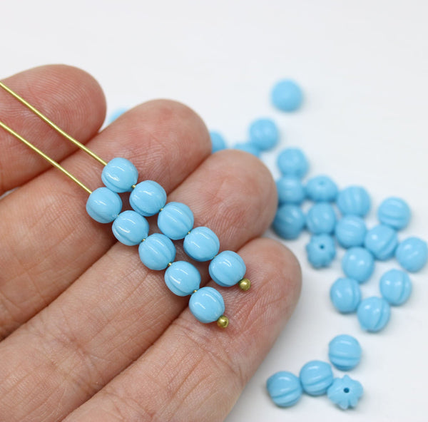 5mm Sky blue round druk melon beads, czech glass carved spacers - 40Pc