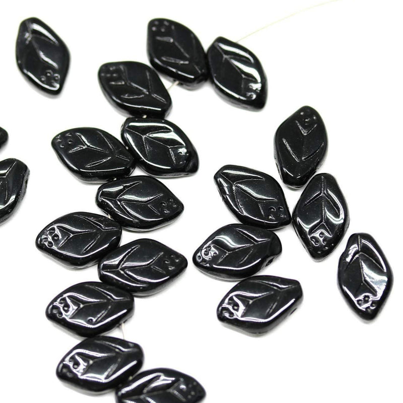 12x7mm Black leaf beads, Czech glass pressed - 50pc