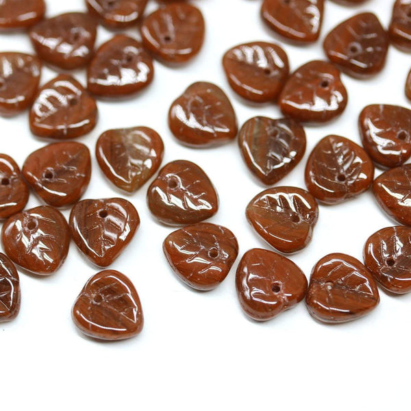 9mm Brown leaf beads, Heart shaped triangle leaf, Czech glass - 50pc