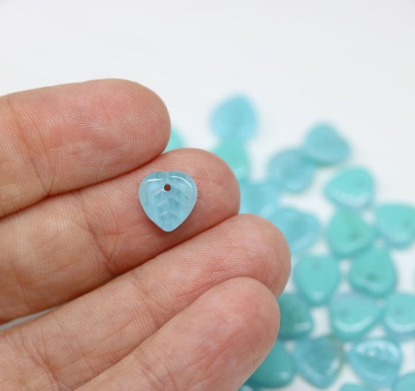 9mm Mint blue glass leaf beads, Heart shaped triangle leaf, Czech glass -50pc
