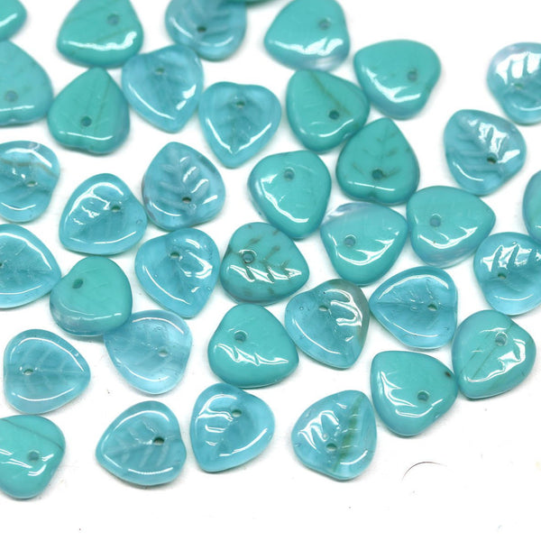 9mm Mint blue glass leaf beads, Heart shaped triangle leaf, Czech glass -50pc