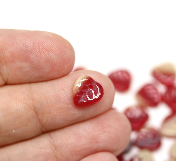 9mm Red beige leaf glass beads, Heart shaped triangle leaf - 50pc