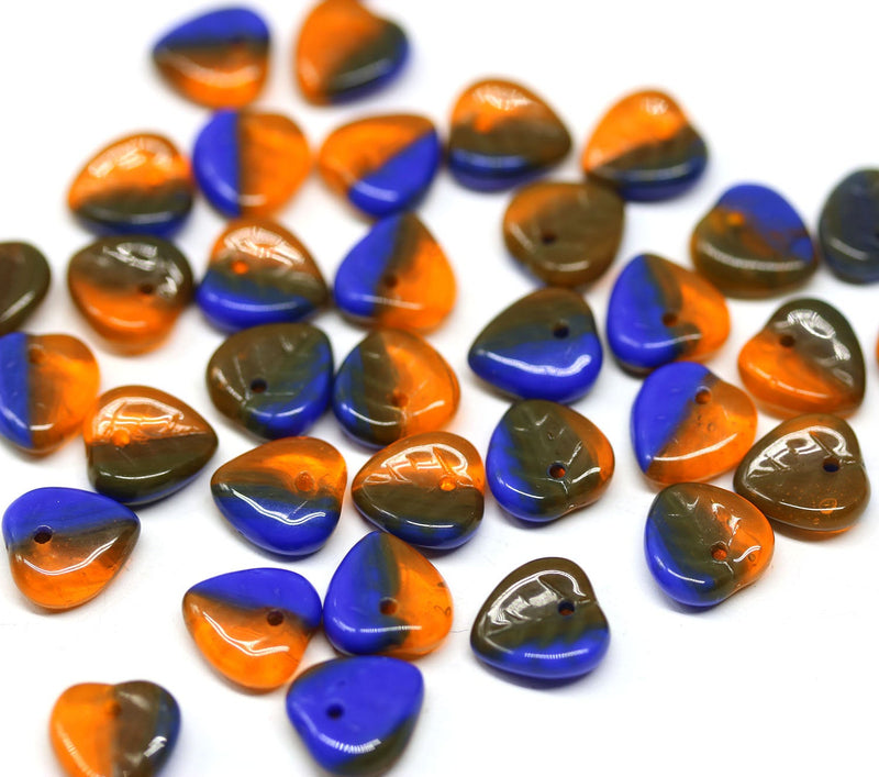 9mm Blue orange glass leaf beads, Czech glass small leaves petals - 50pc