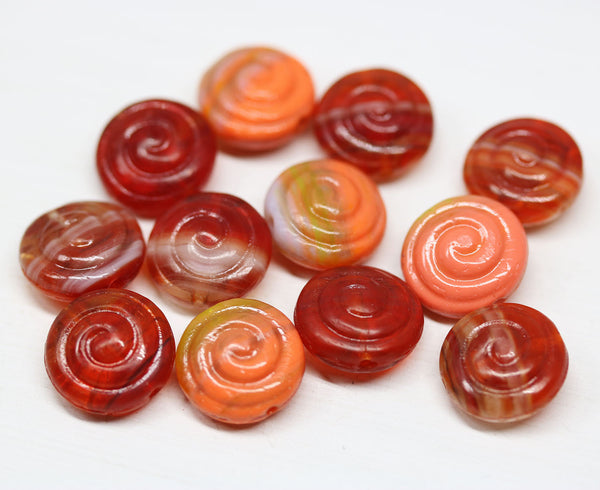 12Pc Red orange shell beads, Czech glass seashell nautilus