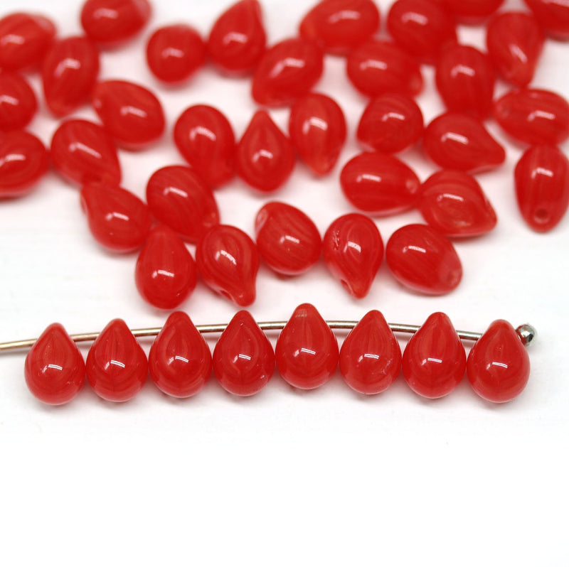 5x7mm Small red teardrops, czech glass top drilled drop beads - 40pc