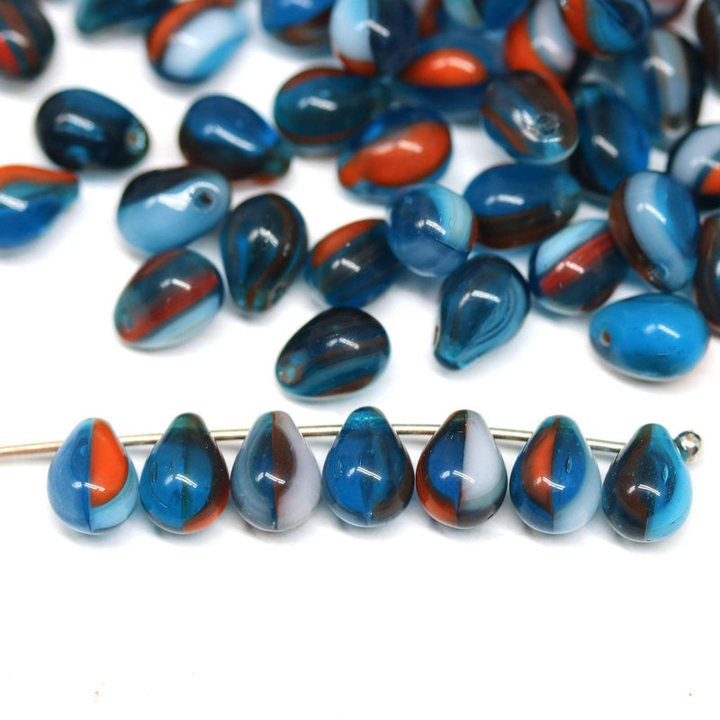 70pc Small red blue teardrops, czech glass top drilled drop beads - 5x7mm