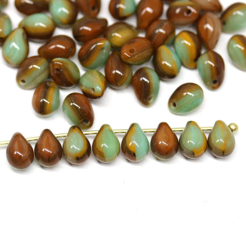 70pc Brown green teardrops, czech glass top drilled drop beads - 5x7mm