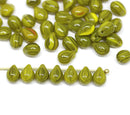 5x7mm Olive green yellow teardrops, czech glass top drilled, 50pc