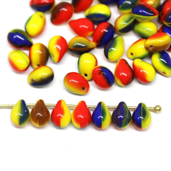 70pc Small yellow red teardrops, czech glass -  5x7mm
