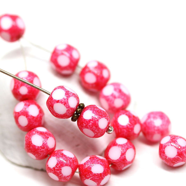 8mm Pink red czech glass fire polished faceted round cut beads with white spots 15Pc