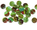 10mm Green red Coin shaped czech glass beads, round tablet shape beads 25Pc