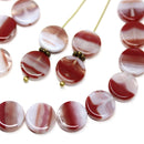 10mm white red coin czech glass beads, round tablet shape pressed beads 25Pc