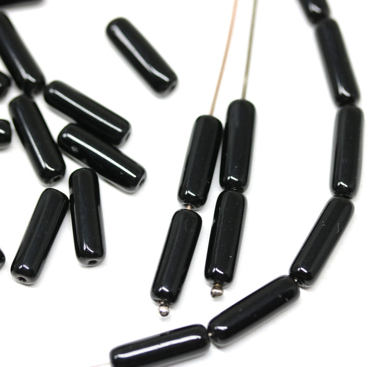 14x4mm Jet black stick czech glass beads, 30pc