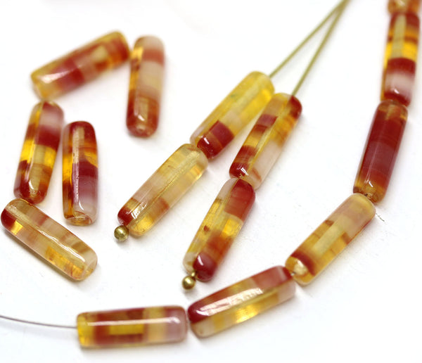 30pc Yellow red stick czech glass beads, long tube beads - 14x4mm