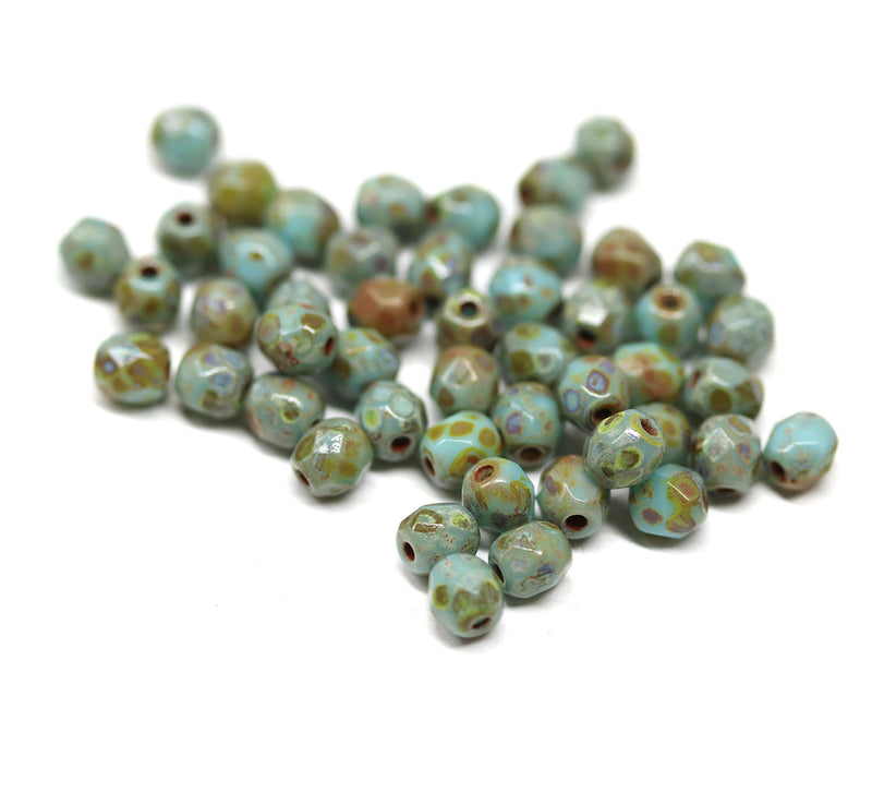 4mm Turquoise green czech glass beads, Picasso finish fire polished round spacers 50Pc