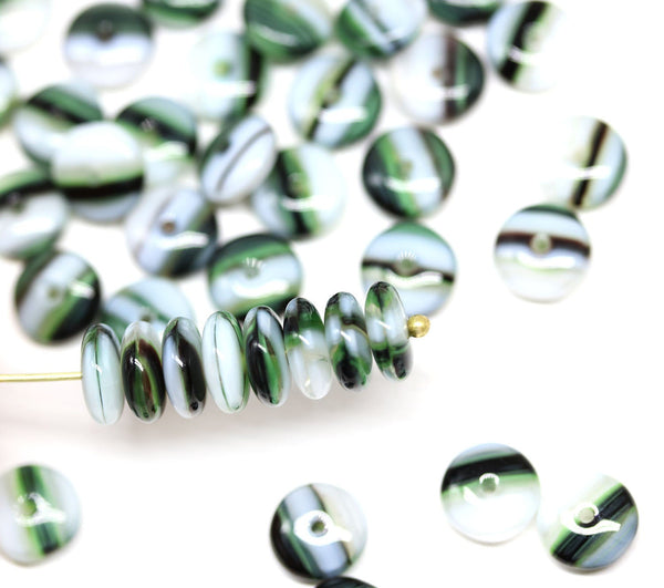 8mm White dark green glass rondelle beads, mixed color spacers - 50pc