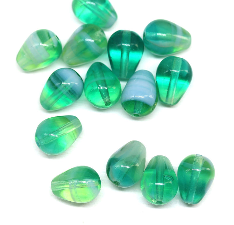 15Pc Mixed green pear shape teardrop czech glass beads - 13x9mm